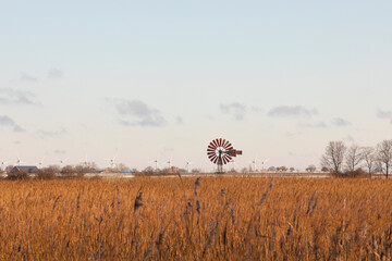Historisches Windrad im Flügger Watt auf der Insel Fehmarn mit modern Windrädern im Hintergrund