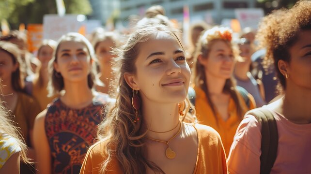 Esperan&ccedil;a e uni&atilde;o em marcha de mulheres sob luz do sol 