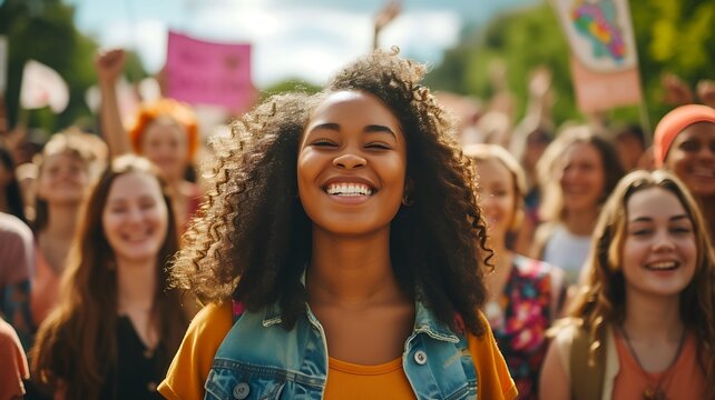 Jovem radiante em marcha pela igualdade sob sol brilhante