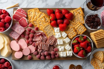 A platter displaying a variety of cheeses, crackers, and strawberries.