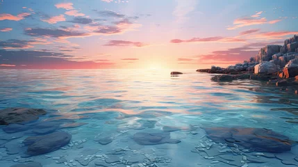 Papier Peint photo Lavable Réflexion A serene seascape, with the soft hues of the setting sun reflecting off the calm, crystal-clear waters