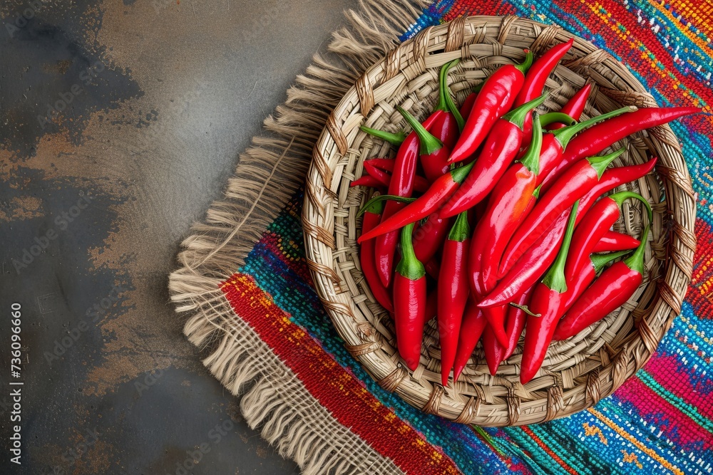 Poster a basket filled with vibrant red peppers sits atop a table, creating a striking display, flat lay