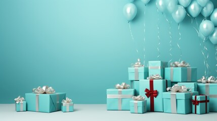  Background with birthday gifts in Aqua color. - obrazy, fototapety, plakaty