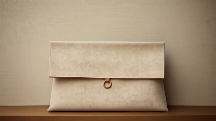 A minimalist linen clutch for women, understated craftsmanship, and a discreet snap closure, mockup, positioned against a matte clay backdrop