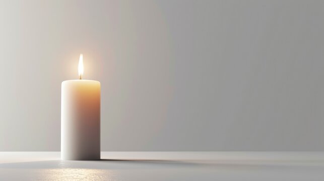 White candle on white background with a free place for text. Concept of home, spa, relaxation, meditation or festive celebration banner
