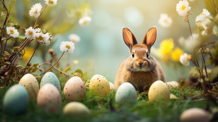 Fat Easter bunny with Easter eggs on a green meadow with sunlight, Generative AI - 736097235