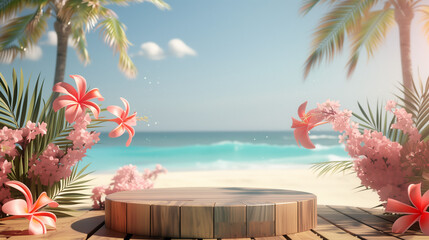 Obraz premium Summer product display on wooden podium at sea tropical beach. 