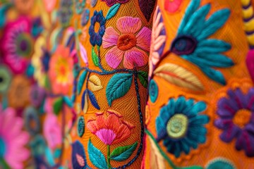 close-up view of colorful, handcrafted embroidery featuring intricate floral designs, highlighting the skill and artistry of textile decoration