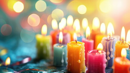 Colourful candles and blurred background with free place for text. Birthday, anniversary or event celebration banner - obrazy, fototapety, plakaty