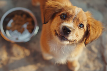 Happy puppy next to a bowl and food, after eating.