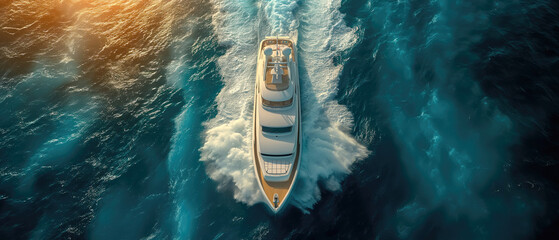 Yacht in the ocean. Aerial view of a luxury floating ship on the open ocean. Colorful landscape with a boat in the ​blue sea. Luxury cruise. Travel concept - obrazy, fototapety, plakaty