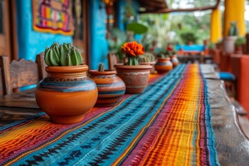 A row of potted plants placed on a sturdy wooden table.