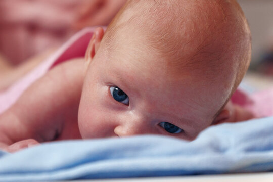 Newborn baby, at the tender age of two months, lies comfortably while curiously looking at the world around with bright, expressive eyes.