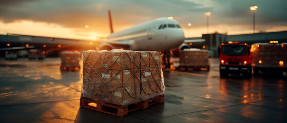 Cargo logistics containers next to an airplane at sunset. Air transport shipment is preparing to be loaded into modern cargo jets at the airport.