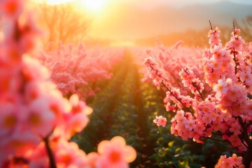 A serene sunset view of a vibrant garden in full bloom with pink flowers basking in the golden light.