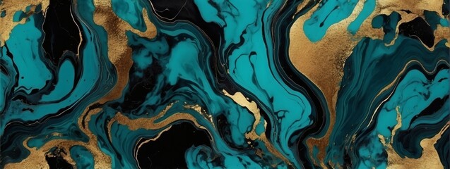 Turquoise abstract black marble background art paint pattern ink texture watercolor burnished gold fluid wall.  - obrazy, fototapety, plakaty