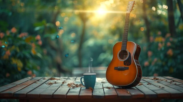 Classic guitar and coffee cup on wooden bench at morning. Seamless looping time-lapse 4k video animation background