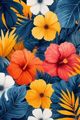 A vibrant painting featuring f hibiscus lowers and leaves displayed on a vivid blue background.