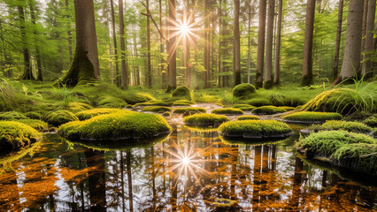 Sunlight streaming through a lush forest, reflecting on a clear water stream with moss-covered stones.