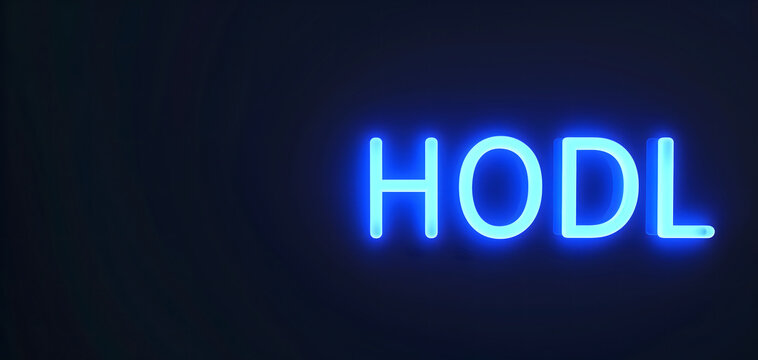 Neon inscription HODL on dark shabby wall