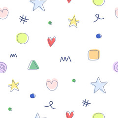 Seamless vector background with circles, stars, hearts and geometric shapes on a white background. Illustration vector 10 eps.