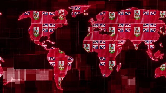 Bermuda flag earth map glowing technology motion news background