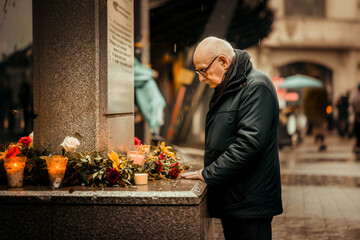 Elderly man paying his respects at a memorial, surrounded by tribute candles and flowers in a solemn city setting.