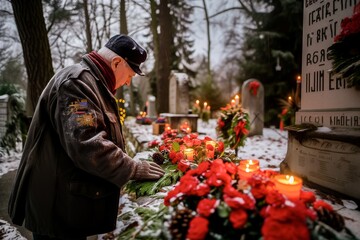 A solemn elderly veteran pays tribute at a snow-covered grave with red flower wreaths and candles.