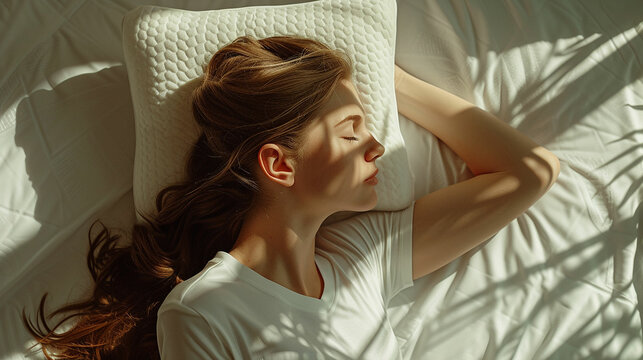 A woman sleeps on an orthopedic pillow made of memory foam, lying on a bed. The correct pillow for a comfortable healthy sleep. Made with generative ai