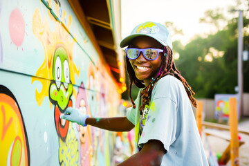 Young female graffiti artist with sunglasses painting a colorful mural on a wall, looking cheerful...