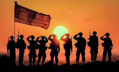 Silhouette of a group of soldiers saluting the flag against a vivid sunset, representing national pride and military honor.
