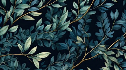 A vintage pattern design,leaves and branches,blue and green, seamless pattern