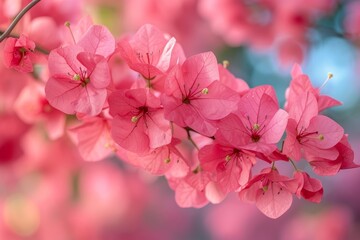 pink bougainvillea blossoms, in full bloom against a soft, blurred background, signaling the arrival of spring - obrazy, fototapety, plakaty