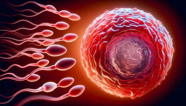 Fertilization of human egg cell by sperms. Sperms and Egg. Human Fertility.