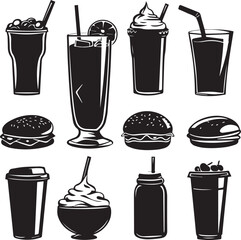 Fast food and Coffee cup icons set vector silhouette 
