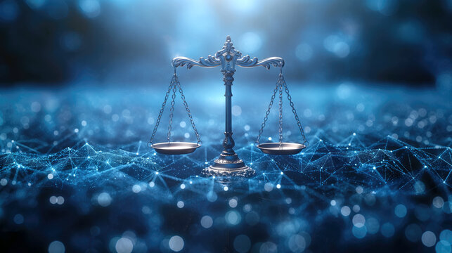 Justice theme in technological digital style. Concept of law, legal services for business.