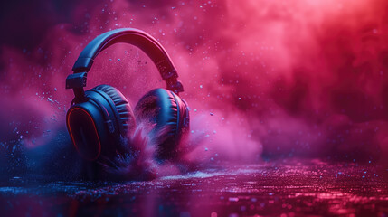 Musical headphones against a background of bright smoke. Minimalistic musical idea. Music Day,...