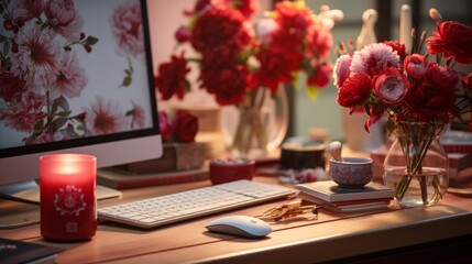 Naklejka na ściany i meble A Desk With a Computer and Flowers on It