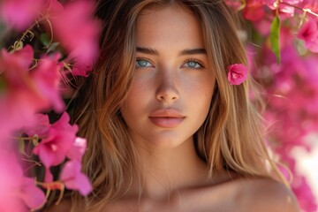 Naklejka premium Portrait of a young woman with sunlit hair and freckles, peering through vibrant pink flowers, embodying spring and natural beauty.