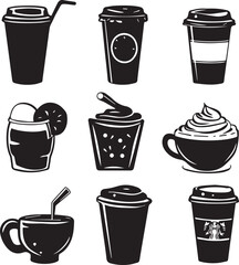 Fast food and Coffee cup icons set vector silhouette 