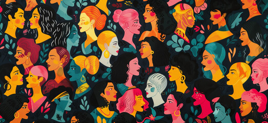 Female silhouettes and portraits processed in a colorful modern style pattern symbolizing diversity, genders, cooperation and ethnicities.