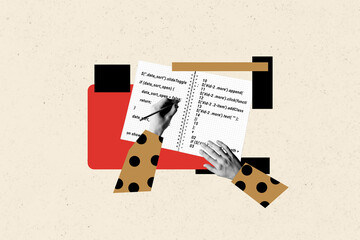 Collage artwork image of arms hold pen write formula calculation in copybook isolated on drawing...