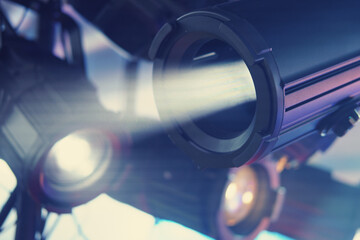 Close-up of a professional projector. Filtered image processed vintage effect.