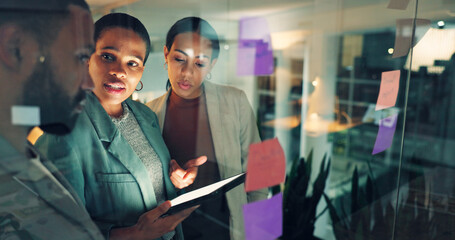 Business woman, presentation and notes on board in an office for training, meeting or ideas. Men...