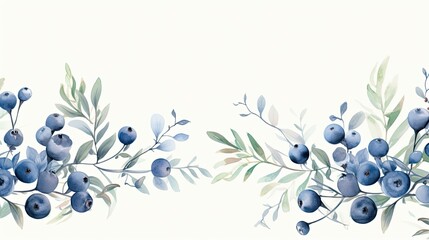 a watercolour delicate colour border of blueberries at the bottom of the page on a white background with few blueberries. The blueberries are elegant and delicate and look handpainted