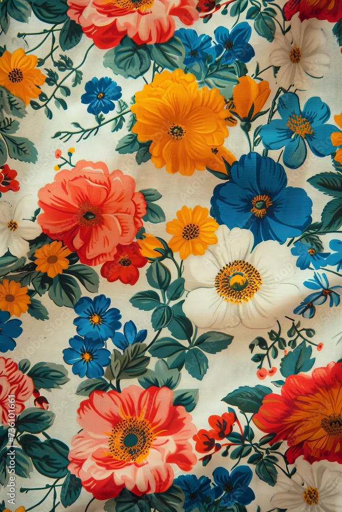 Poster a detailed view of a vibrant fabric featuring an array of colorful flowers.