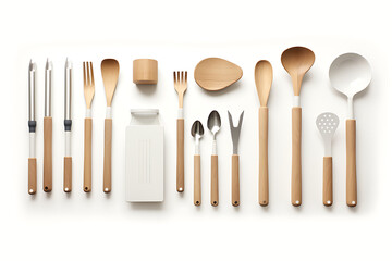 Kitchen utensils and cutlery on white background. - obrazy, fototapety, plakaty