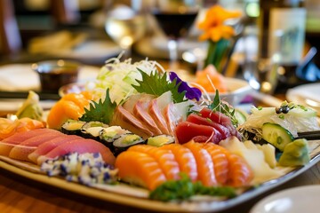 A collection of sashimi, sushi, and nigiri that are as pleasing to the eye as they are to the palate.  generative ai