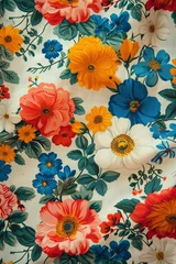 Fotobehang A detailed view of a vibrant fabric featuring an array of colorful flowers. © nnattalli