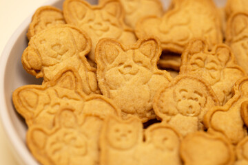 plate of shortbread cookies with a dog pattern. close-up